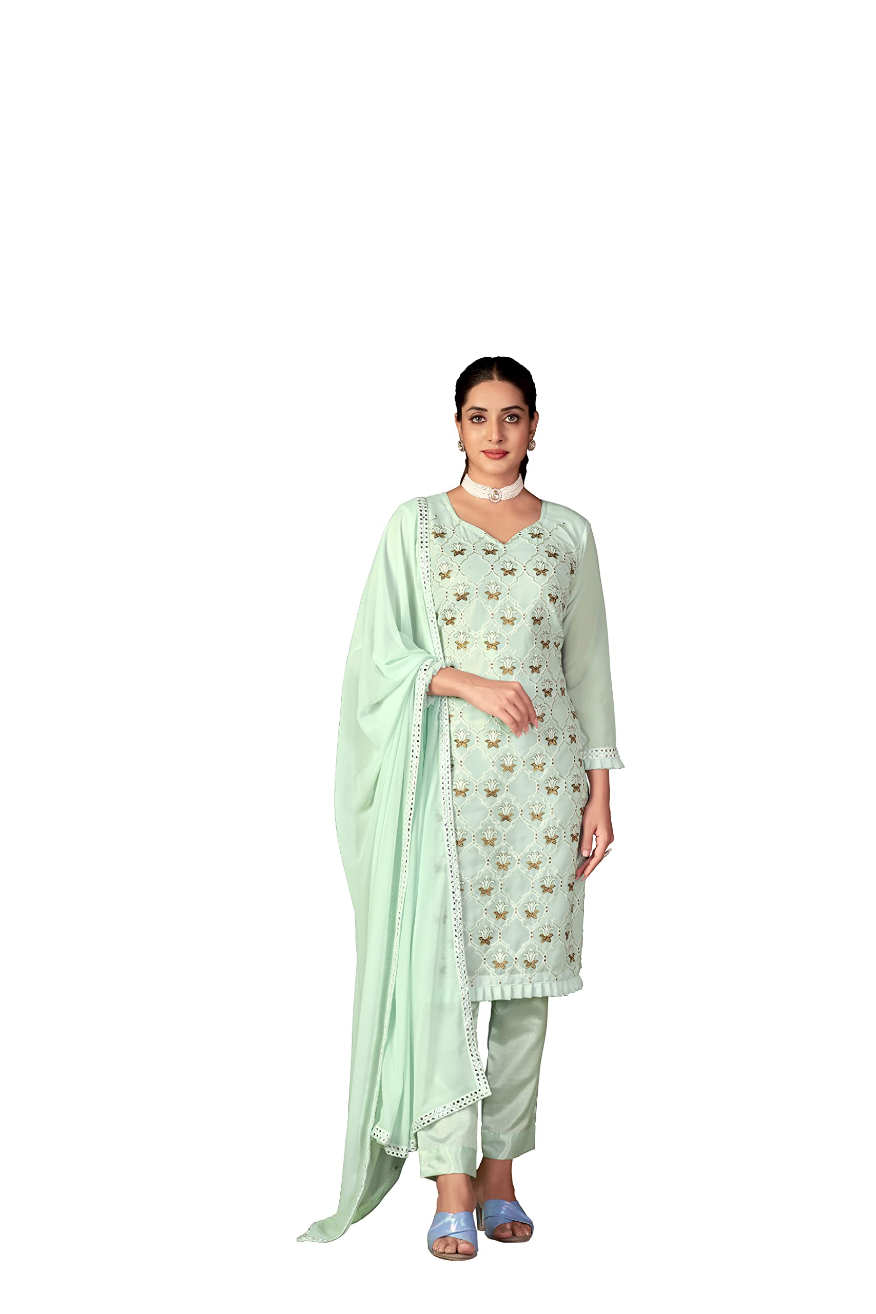 Roopa Boutique Women's Pista Georgette Heavy Embroidery Work Dress Unstitched Material(Zeeya-Ruhani-1504)