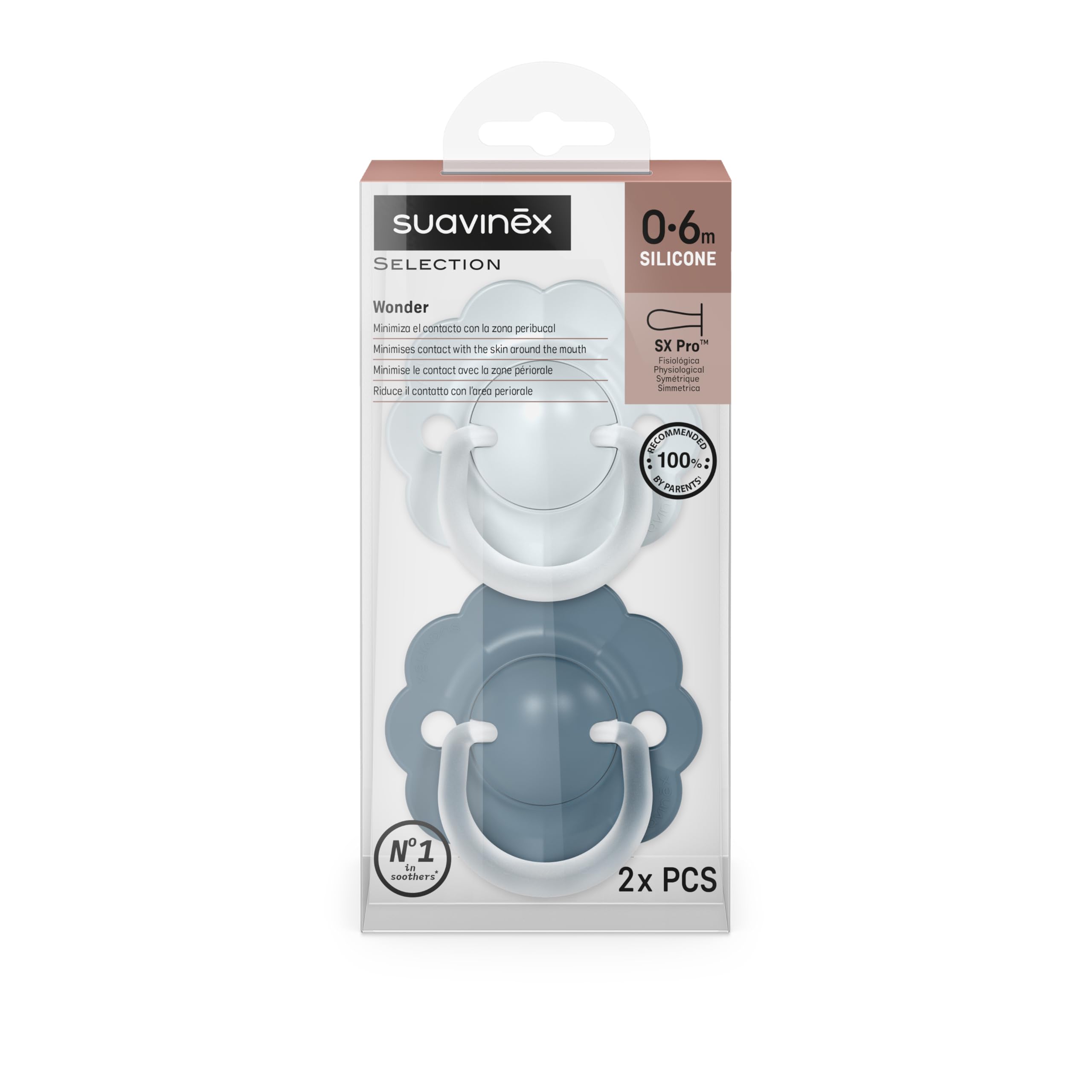 Suavinex, Pack 2 Chupetes para Bebés 0/6 Meses y Recién Nacidos, con Tetina Fisiológica de Silicona SX Pro, Simétrica, Plana y Flexible, Respeta el Desarrollo Bucodental, con Anilla, Wonder Azul — view 6