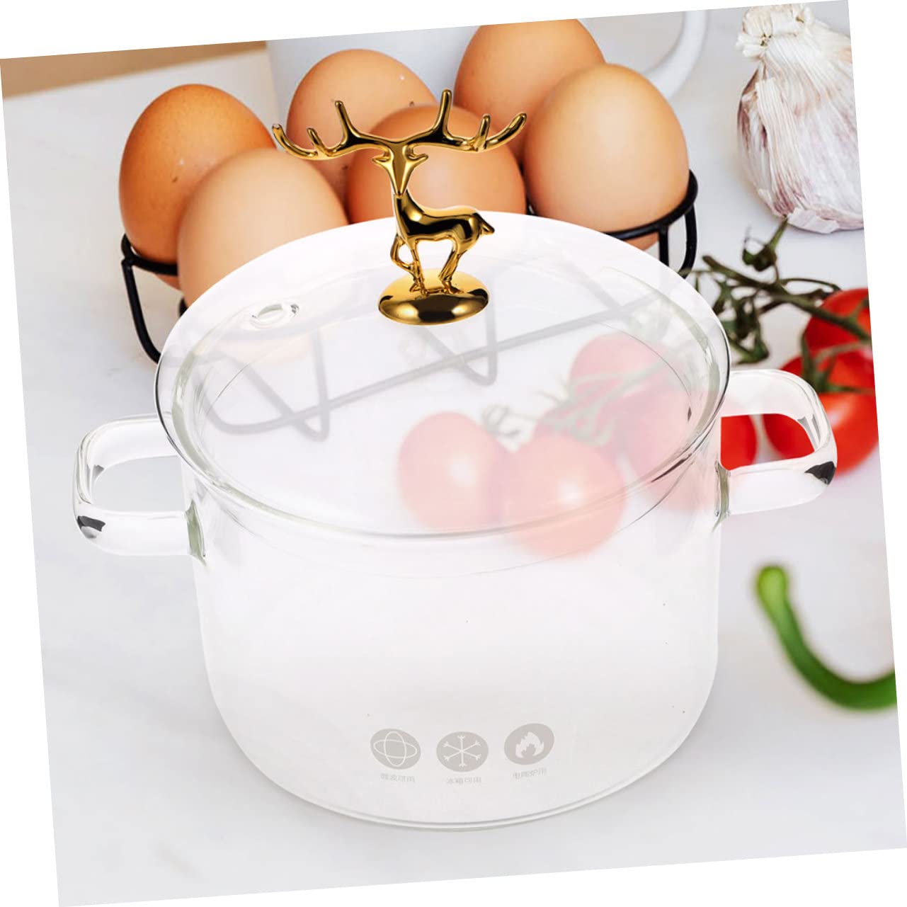 Hitzebeständiger Glas Instantnudeltopf 1900ml mit Elch Stil Deckel Transparent und Kältebeständig zum Kochen von Nudeln und Suppen im Haushalt