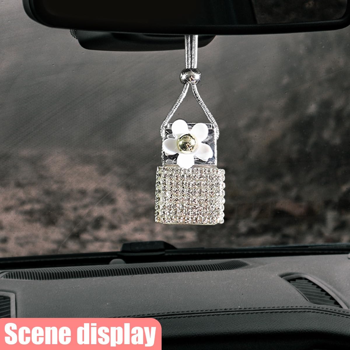 Hanging Car Accessories Charm, Bling Auto Rear View Mirror Pendant, Cars Aromatherapy Fragrance Perfume Pendant Bottle, Car Decorations for Women Men Presents (Silver)