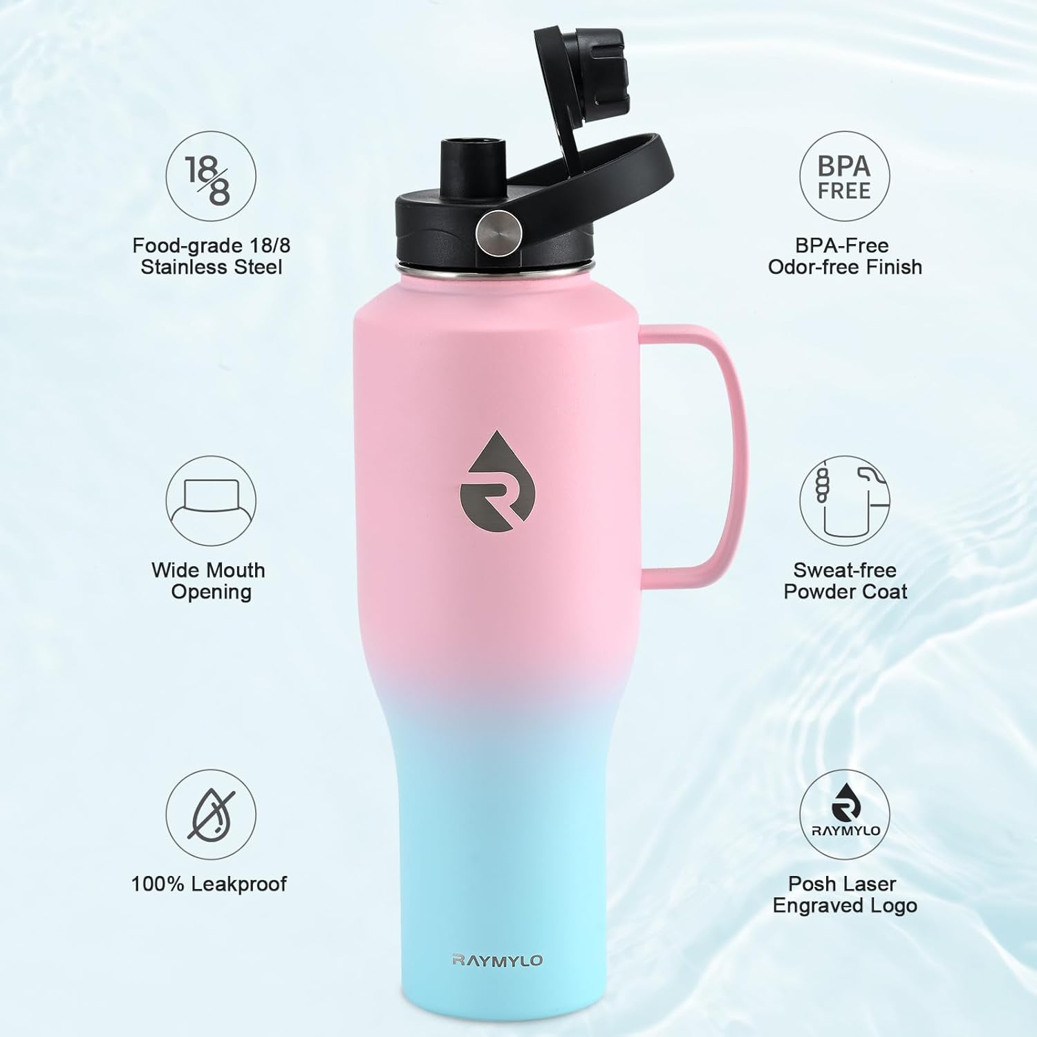 Insulated Water Bottle 40oz (Cold for 48 Hrs), Stainless Steel Water Bottle with Handle & Straw Lid & Paracord Handle, Triple Wall Vacuum Leakproof Travel Flask, Fit in Any Car Cup Holder - Image 4