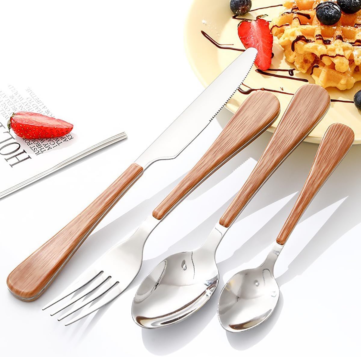 Este Juego de Cubiertos con Mango de Madera de 10 Piezas de Acero Inoxidable Incluye Cuchillos de Mesa, Tenedores, cucharas y cucharillas de té para el hogar, la Cocina y restaurantes, Color