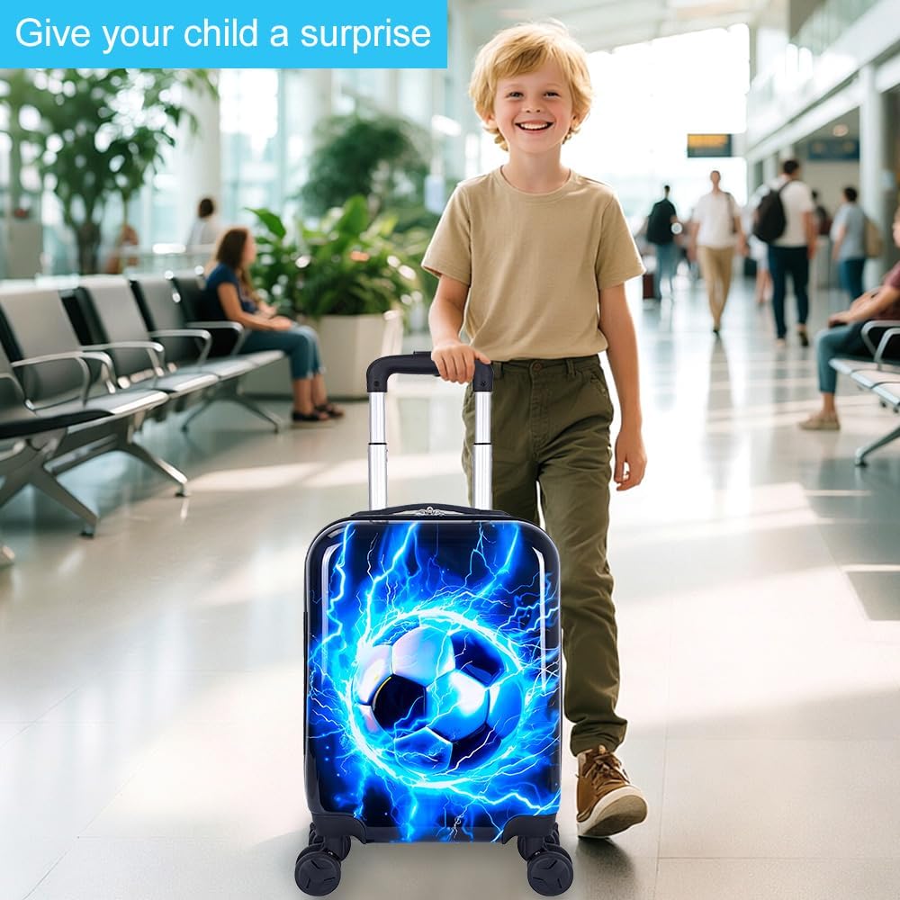 Lightweight Hardshell Spinner Kids Carry On Luggage Set 2PCS with Wheels - Airplane Approved Suitcase for Boys & Children Ages 3-10, Lightning Soccer Rolling Suitcases for Elementary Toddler Travel