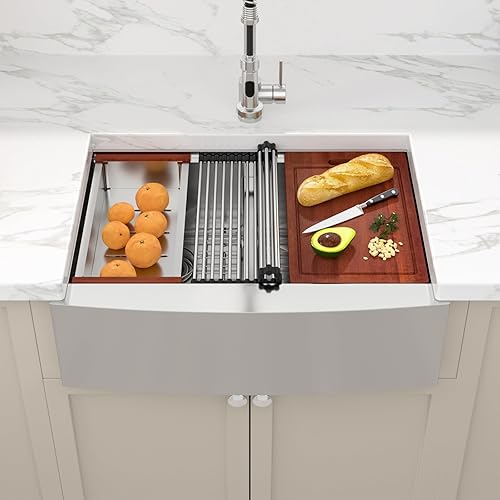 Miniatura 2 de Sarlai - Fregadero de granja de 30 pulgadas, cuenco doble de acero inoxidable de 30 x 22 pulgadas, estación de trabajo de granja de calibre 16,