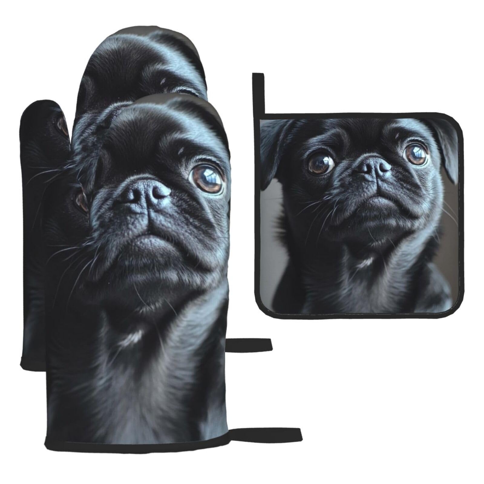 Oven Mitts and Pot Holders Sets of 3 Cute Black Pug Dog Oven Mitts 3 Pcs Heat Resistant Non Slip Ovens Gloves Hot Pads Kitchen Gloves Potholders for Baking Cooking BBQ Grilling