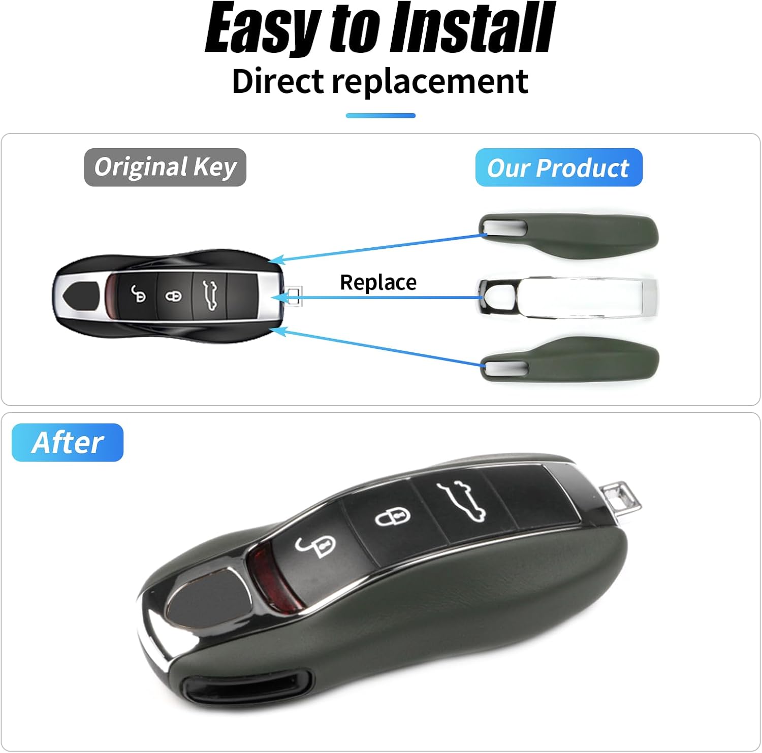Midnight Green Key Fob Cover Leather Compatible with Porsche Key Shell Key Fob Shell Replacement Compatible with Porsche Cayenne Panamera 911 718 Macan Boxster Cayman Accessories