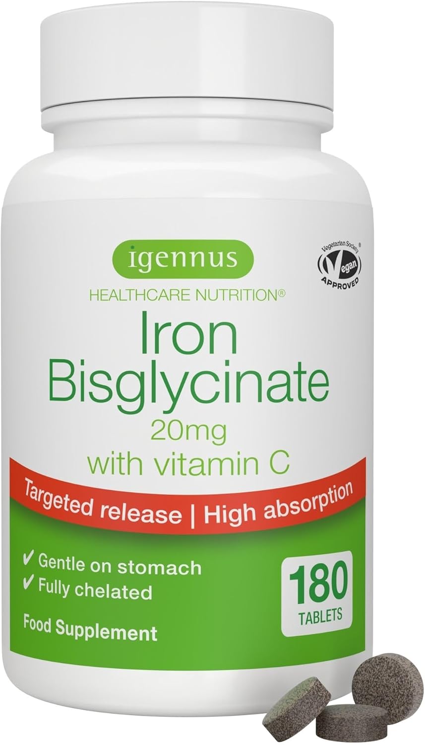 Igennus Chelated Iron Bisglycinate 20mg with Vitamin C, 180 Tablets, 6 Month Supply, Clean Label, Gentle Formula & Targeted Release, One Daily, for Women & Men, Vegan, by Igennus