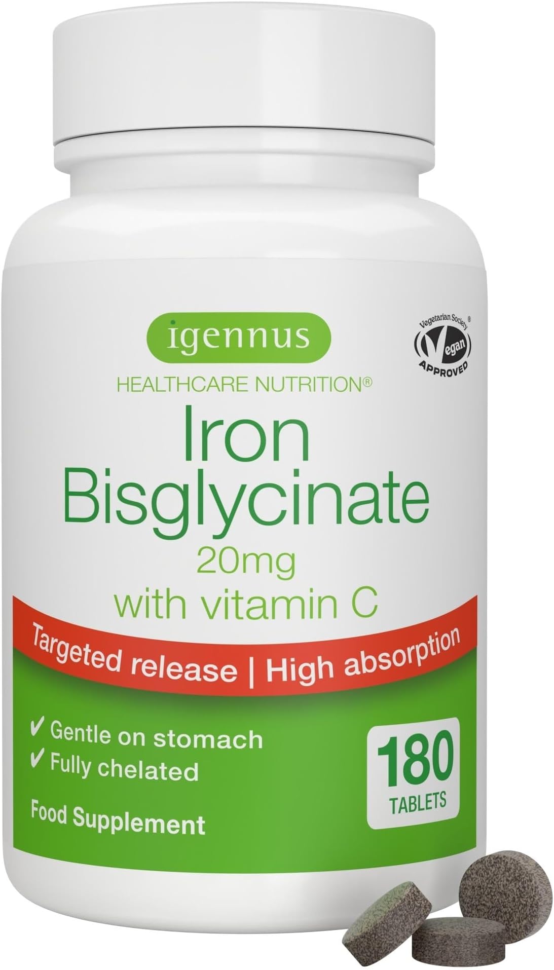 High Absorption Chelated Iron Bisglycinate 20mg with Vitamin C, Gentle Formul...
