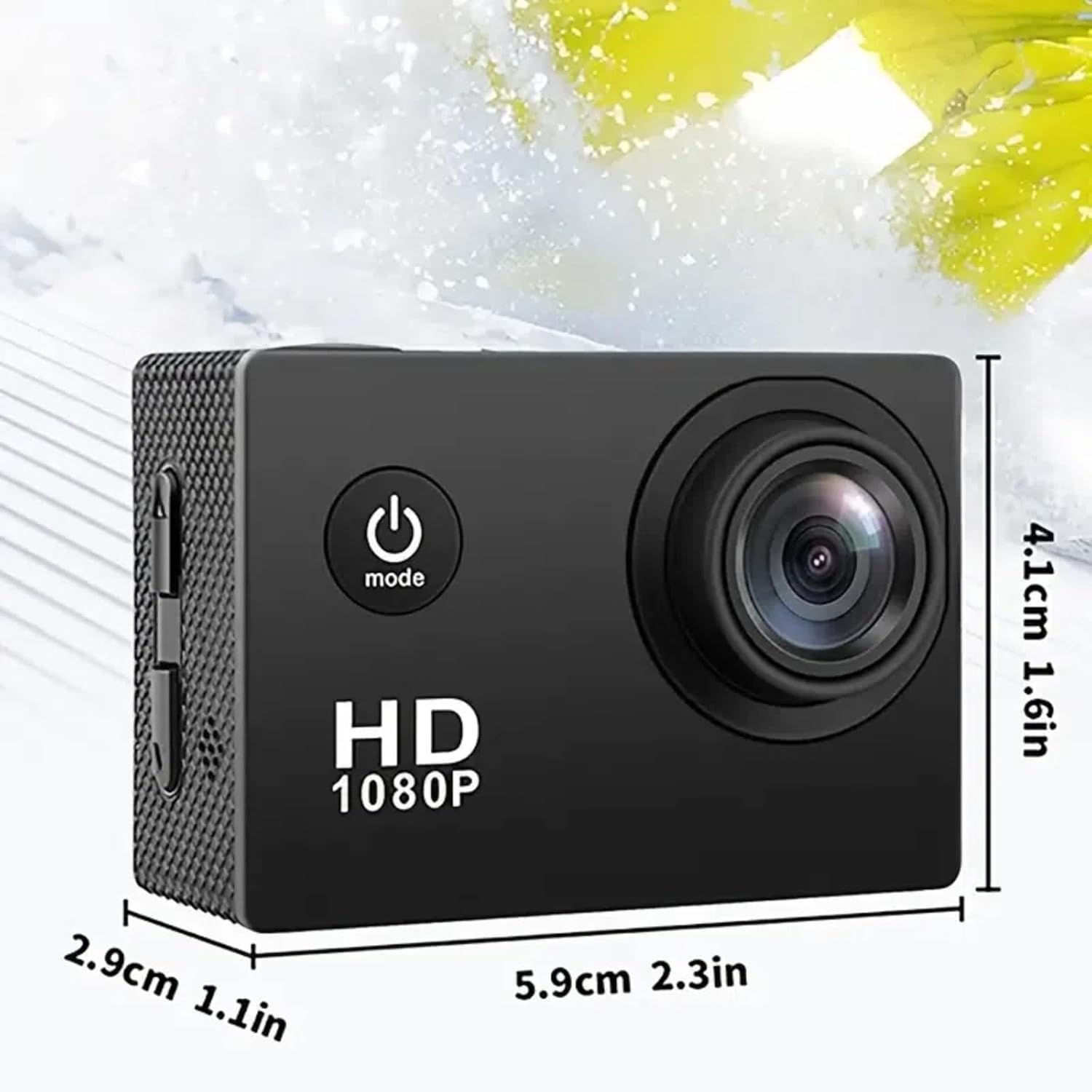 Dimensions of the Ourlife Sports Action Camera: 5.9cm (2.3in) length, 2.9cm (1.1in) width, 4.1cm (1.6in) height.