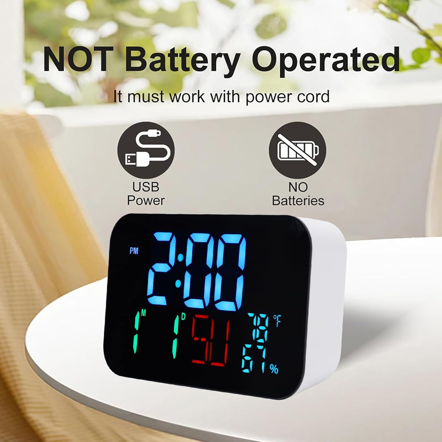 Smart Clock Real Time Time, Date, Weekday Display Large LED Screen Four Brightness Levels Desk Clock with Sync Automatically via Power by USB for Home Office (White Shells- Blue