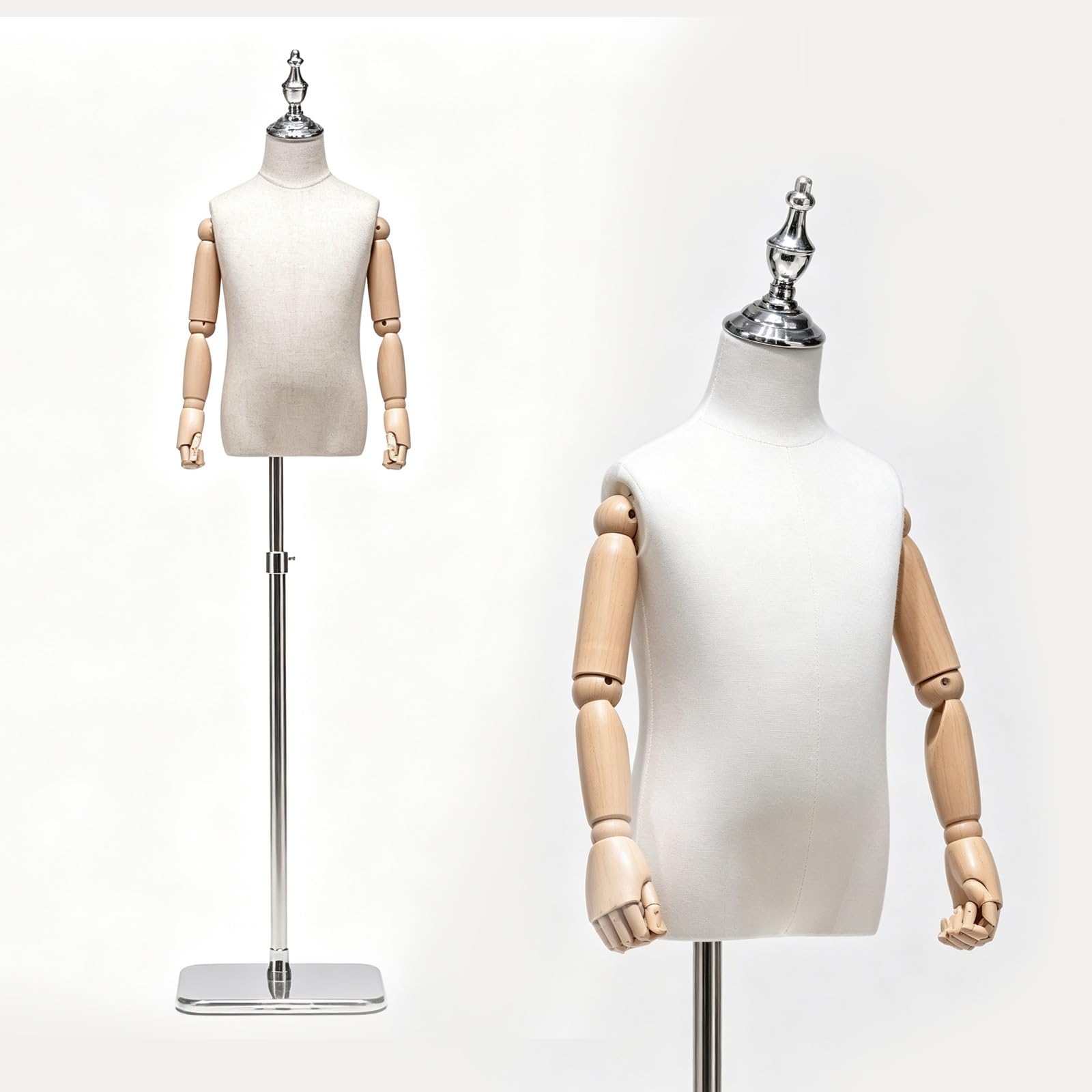 Manichino Bambino Torso con Bracci Legno, Manichino Sartoriale Esposizione | Manichino da Cucito Bambino Lino Spillabile, Metallico Altezza Regolabile Base Cucito & Esposizione(3-4 Years)