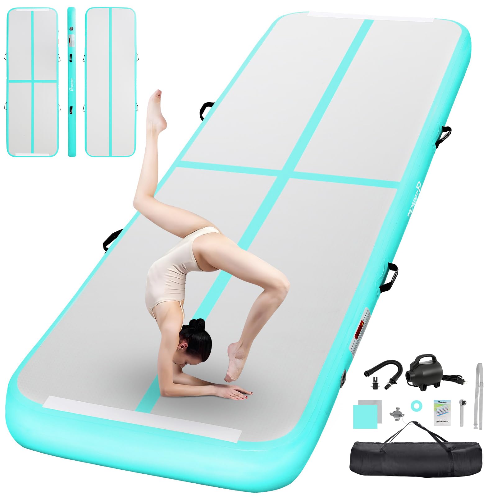 FBSPORT Airtrack Matte, 10cm Hoch Verdicken 4M Tumbling Matte,Gymnastikmatte mit Luftpumpe,Trainingsmatte mit Tragetasche,Turnmatte für Zuhause, Outdoor,Yoga