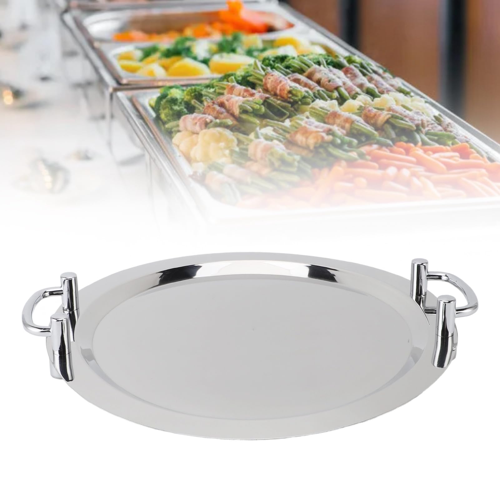 Hztyyier Bandeja de Acero Inoxidable, Bandeja de Metal Multifunción con Asa, para Eventos de Buffet y Catering (Forma Redonda con Mango Plateado, 43 cm.)