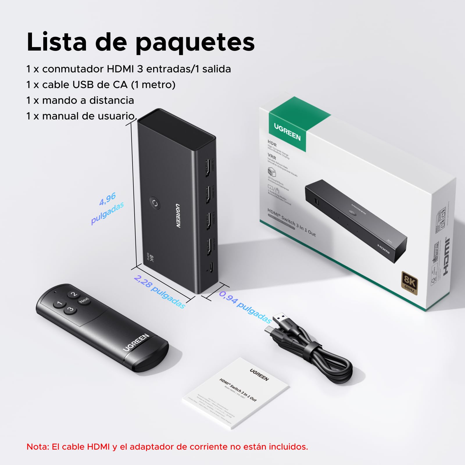 UGREEN Switch HDMI 2.1 3 Entradas a 1 Salida Conmutador 8K 60Hz 4K 240Hz