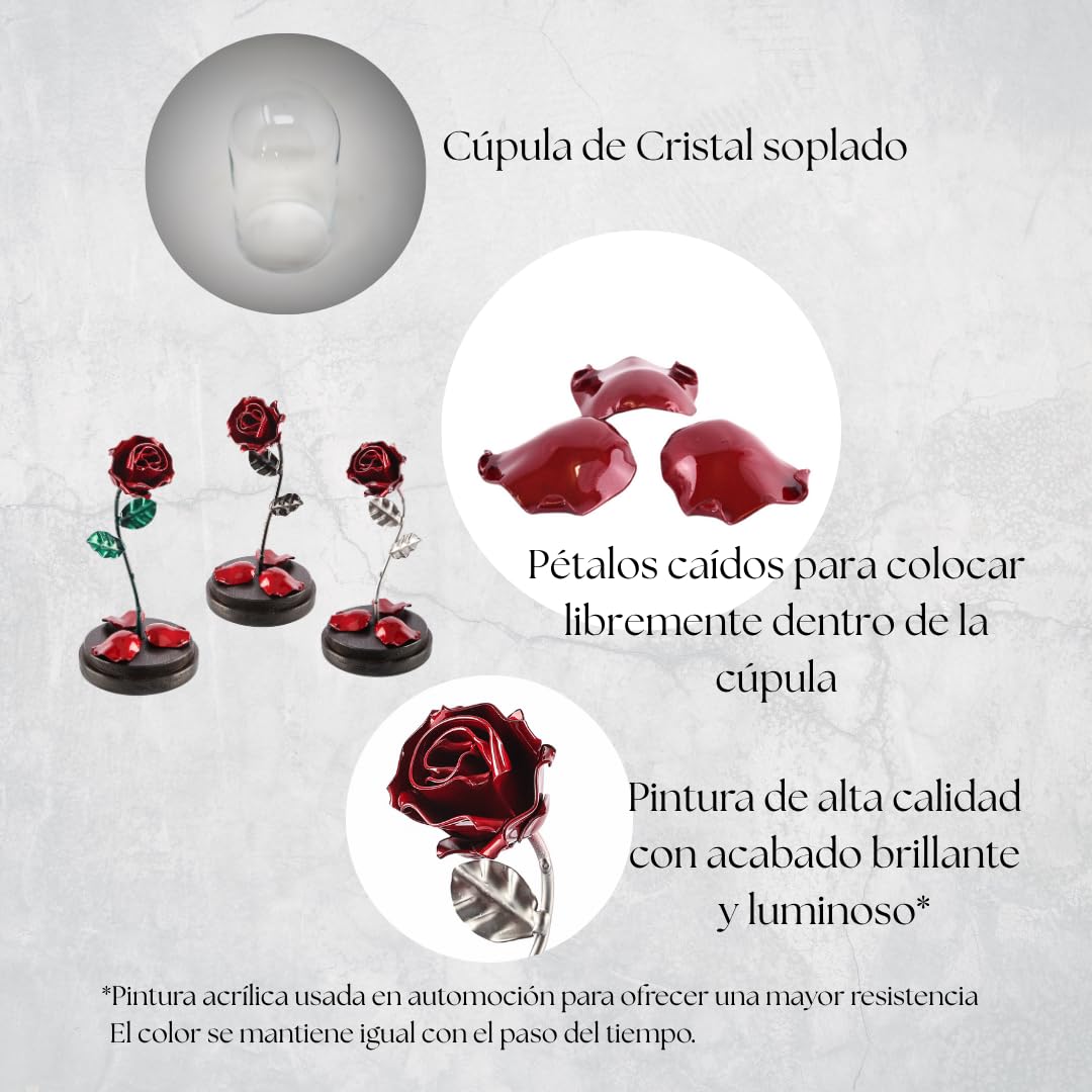 Forging Art Bcn® Rosa Encantada Forjada a Mano en Cúpula de Cristal Bella y Bestia- Regalo Día de la Madre, Sant Jordi, San Valentín, Bodas de Hierro (6 Aniversario) (Rojo/Verde)