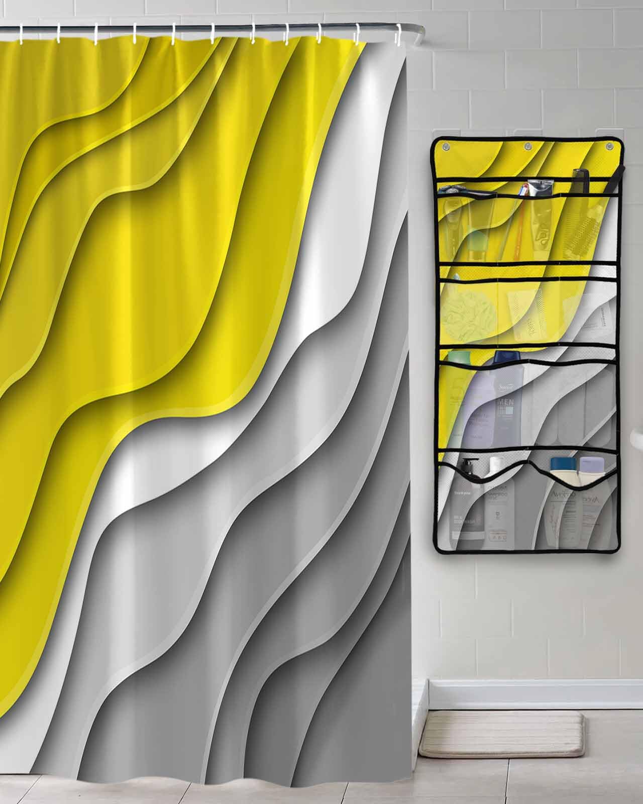 Shower Curtain Mesh Shower Organizer Hanging Set Abstract Beach Aesthetic Grey to Yellow Gradient Waterproof Shower Curtains with