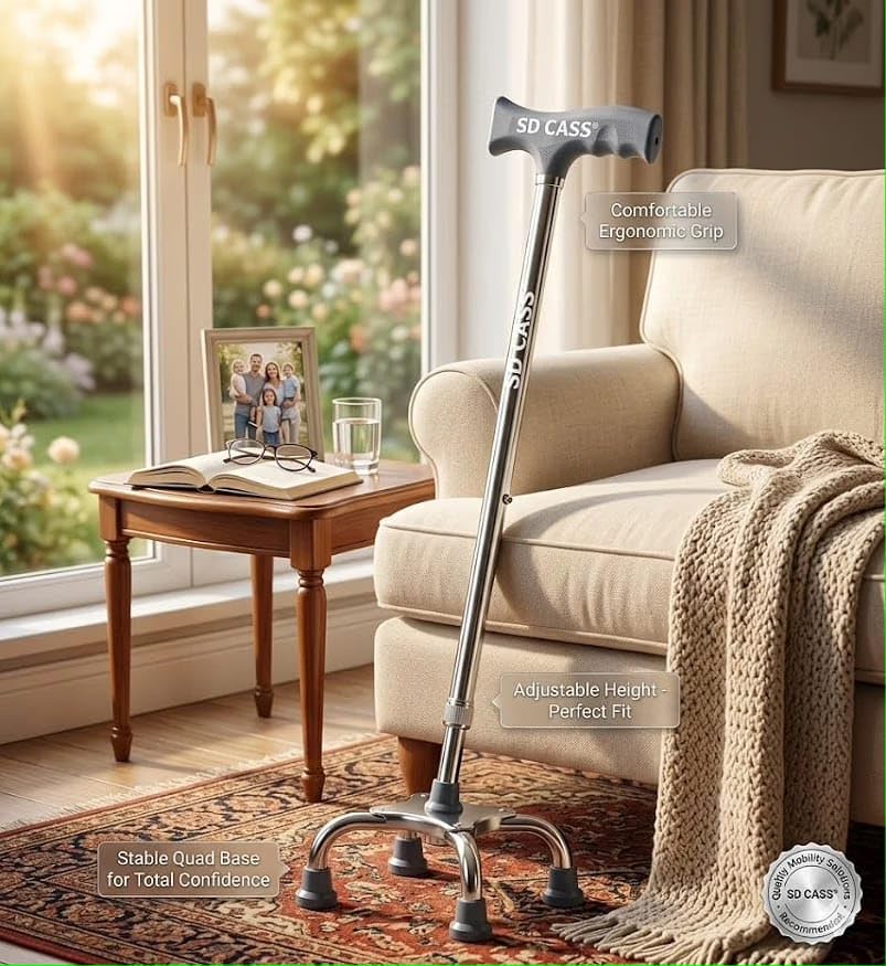 Image of Quadripod Adjustable Walking Stick with Adjustable Height | Non-Slip Grip Handle for Men & Women Patients, Old People | Lightweight Durable Aluminium Frame Pack of 1