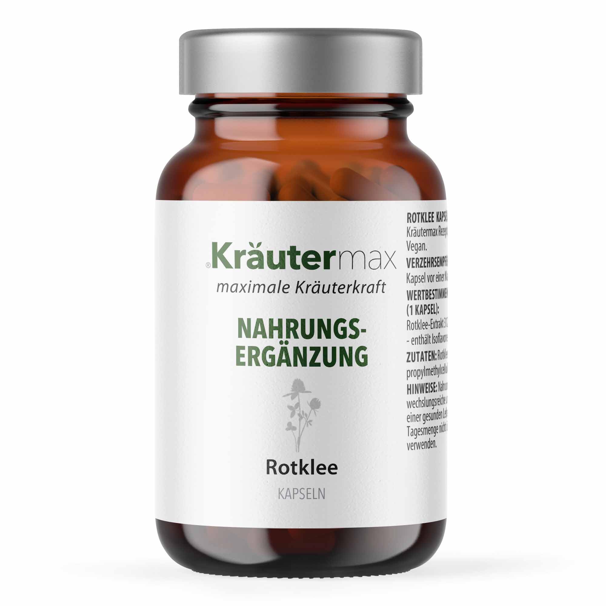 Kräutermax Rotklee Kapseln Hochdosiert mit Isoflavone, Optimale Ergänzung zu Rotklee Tee, 60 Kapseln