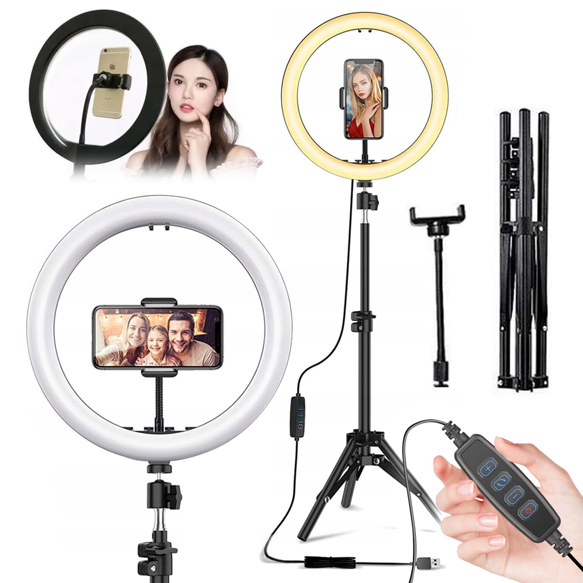 Lampa pierścieniowa LED ze statywem, 30 cm, 220 cm, pilot zdalnego sterowania, zasilanie USB, 3 tryby świecenia, 10 poziomów jasności, 80 W do makijażu, streamingu, selfie
