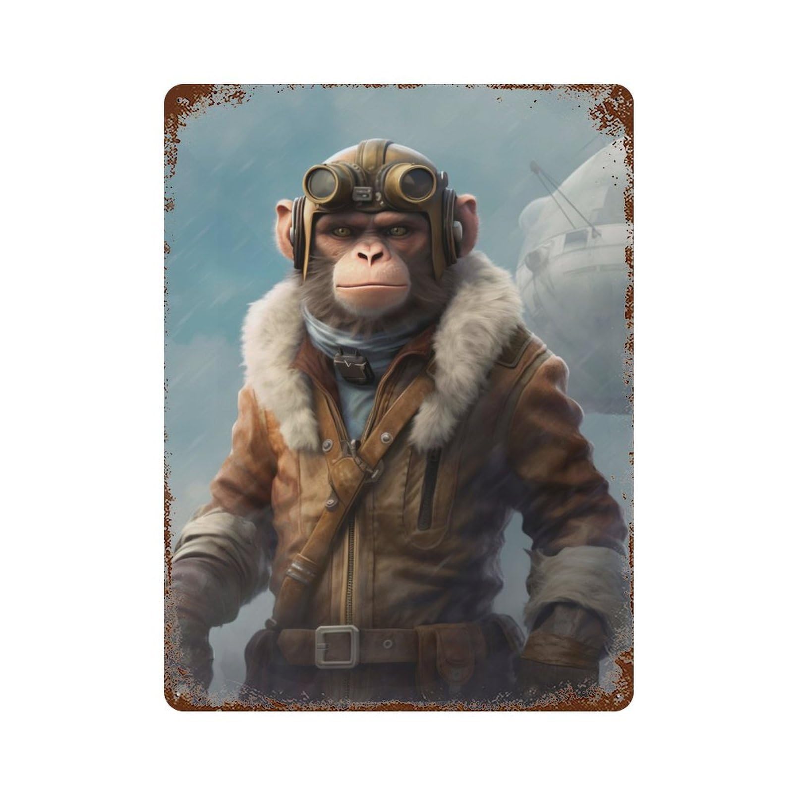 Garage Style Monkey As A Pilot Weathered Tin Sign 15.7"x11.8", Classic Wall Plaque for Bar And Workshop