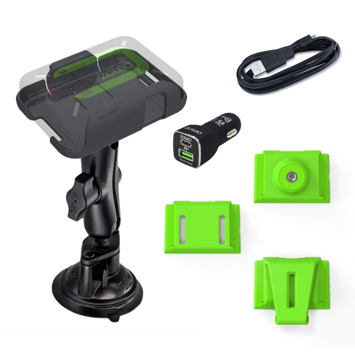 Universal Mount Accessory Kit Including RAM Twist-Lock Suction Cup Mount, DC Car Charger with USB Cable, and 3 Inserts – Belt Clip, Strap Infill Connector and Camera Tripod Mount