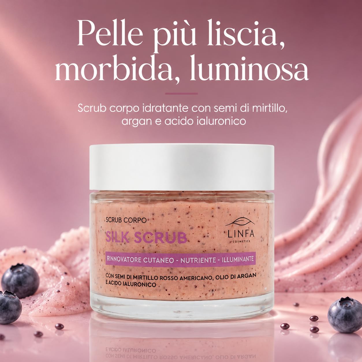 Silk Scrub - Exfoliante corporal hidratante con semillas de arándanos, manteca de karité, argán, coco y ácido hialurónico, tratamiento para una piel suave y radiante, 200 ml