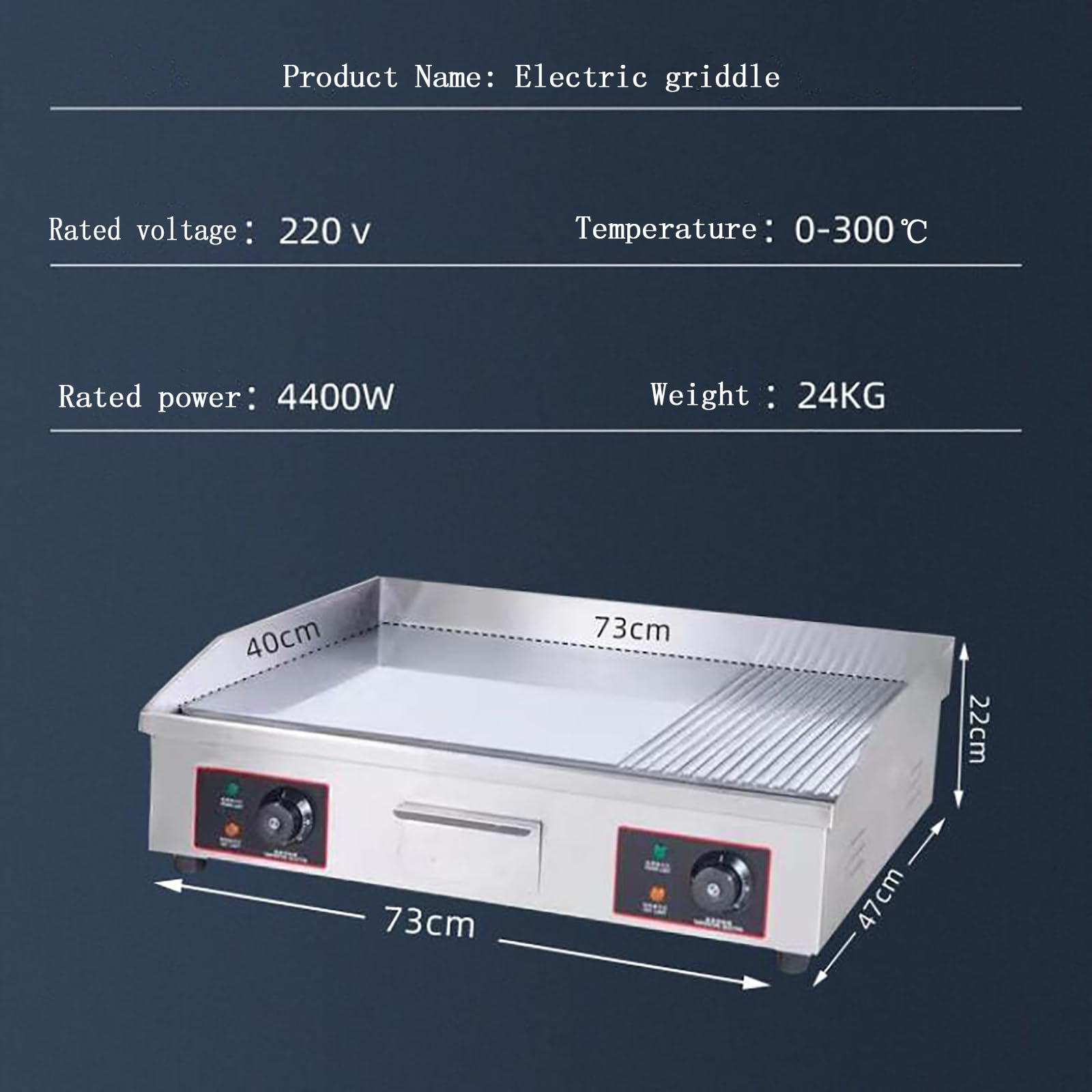 Catering Plancha Eléctrica Fry-Top para Cocina Parrilla Profesional Termostato 50°C A 300°C(Placa Ondulada + Lisa De730 X 400 Mm, 4400 W, Antisalpique) Inoxidable Antiadherente