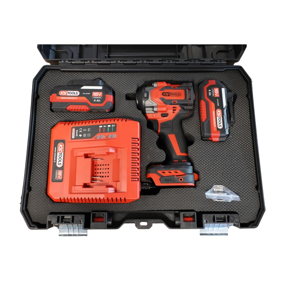 KS TOOLS - 515.4710F - Mini clé à chocs 1/2" - Clé à choc sans fil brushless - Puissance 18 V - 850 Nm - 1,5 kg sans batterie - Livrée en coffret avec 2 batteries 4Ah