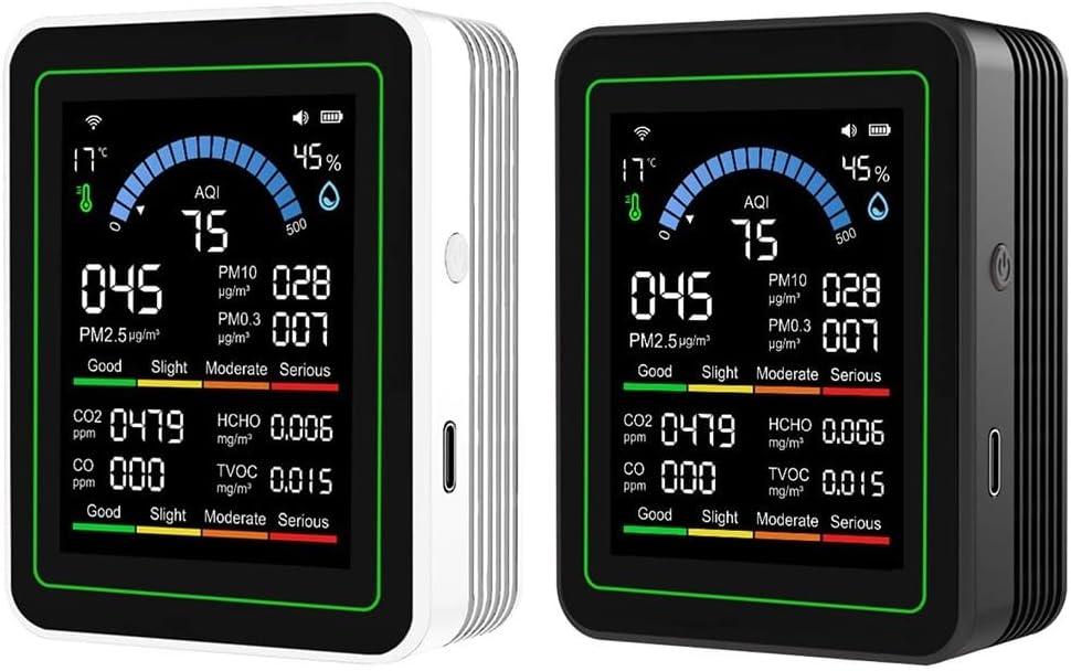 Side-by-side comparison of the white and black versions of the ZUZZEE MT13W Air Quality Monitor.