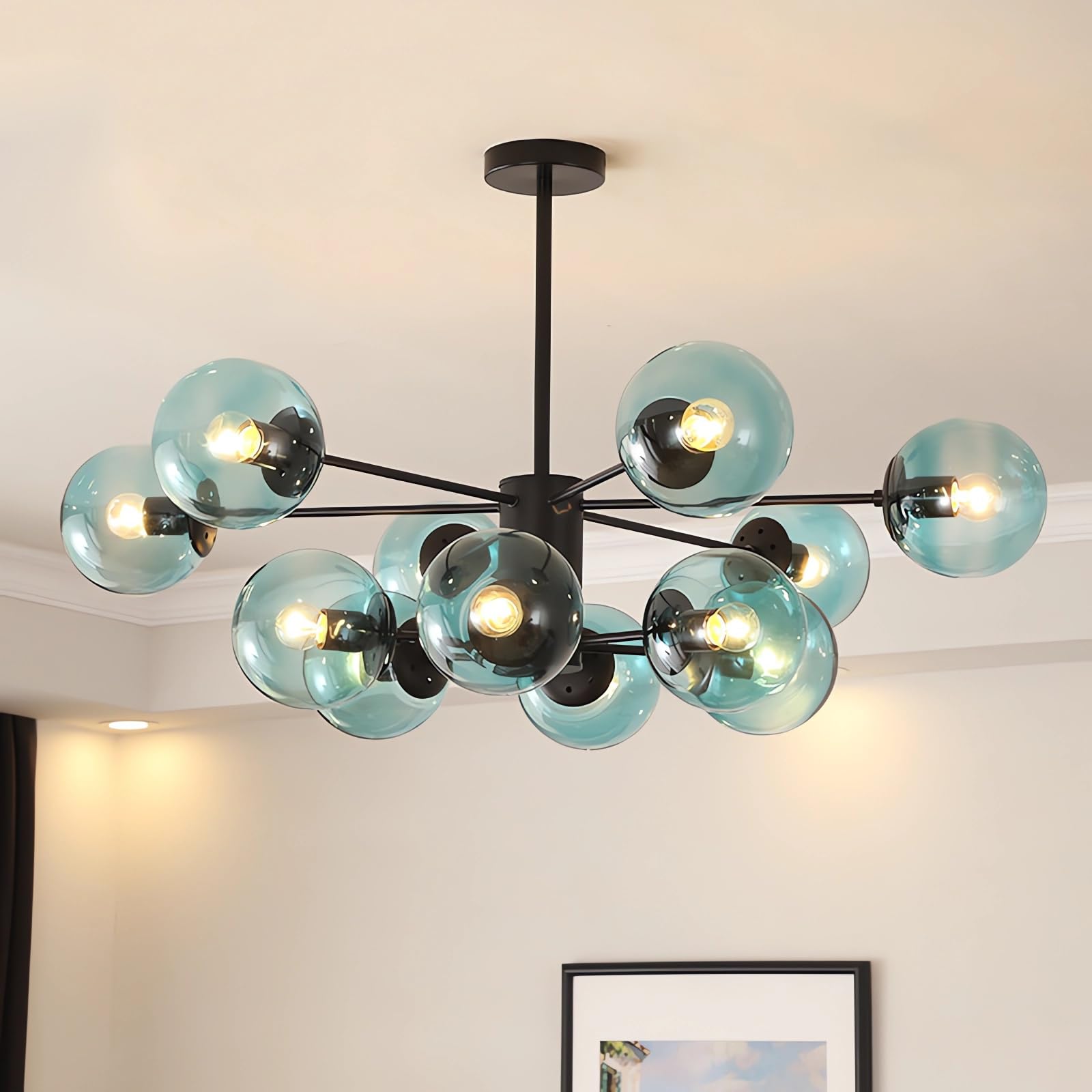 KXEcoLife Chandelier Lighting,Mid Century Modern Black for Dining Room Kitchen Living Room,Bubble Glass Pendant Light Fixtures,Blue,12Lights