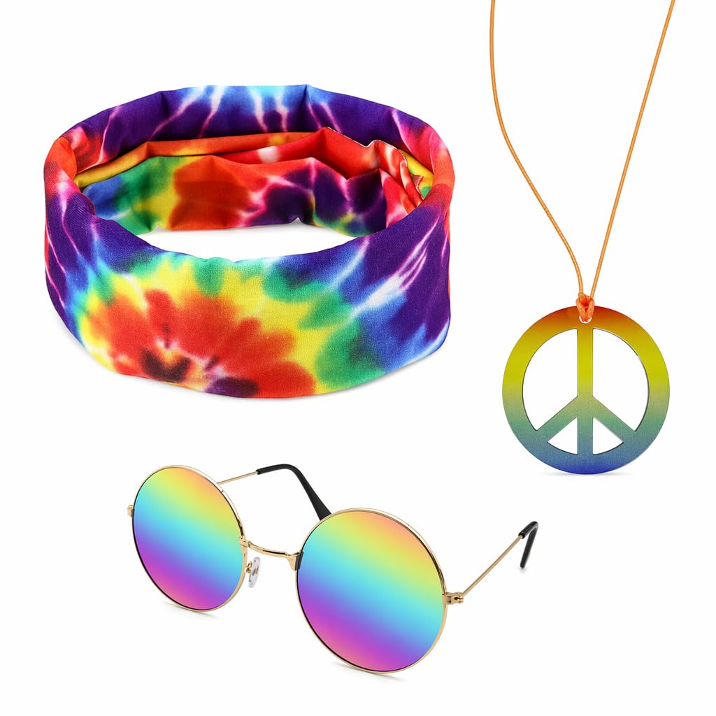 Kuwuarg 3 Pieces Hippie Costume Set, 60s 70s Retro Accessories for Women and Men, Sunglasses Headband and Peace Sign Necklace for Themed Parties, Music Festivals and Halloween Events