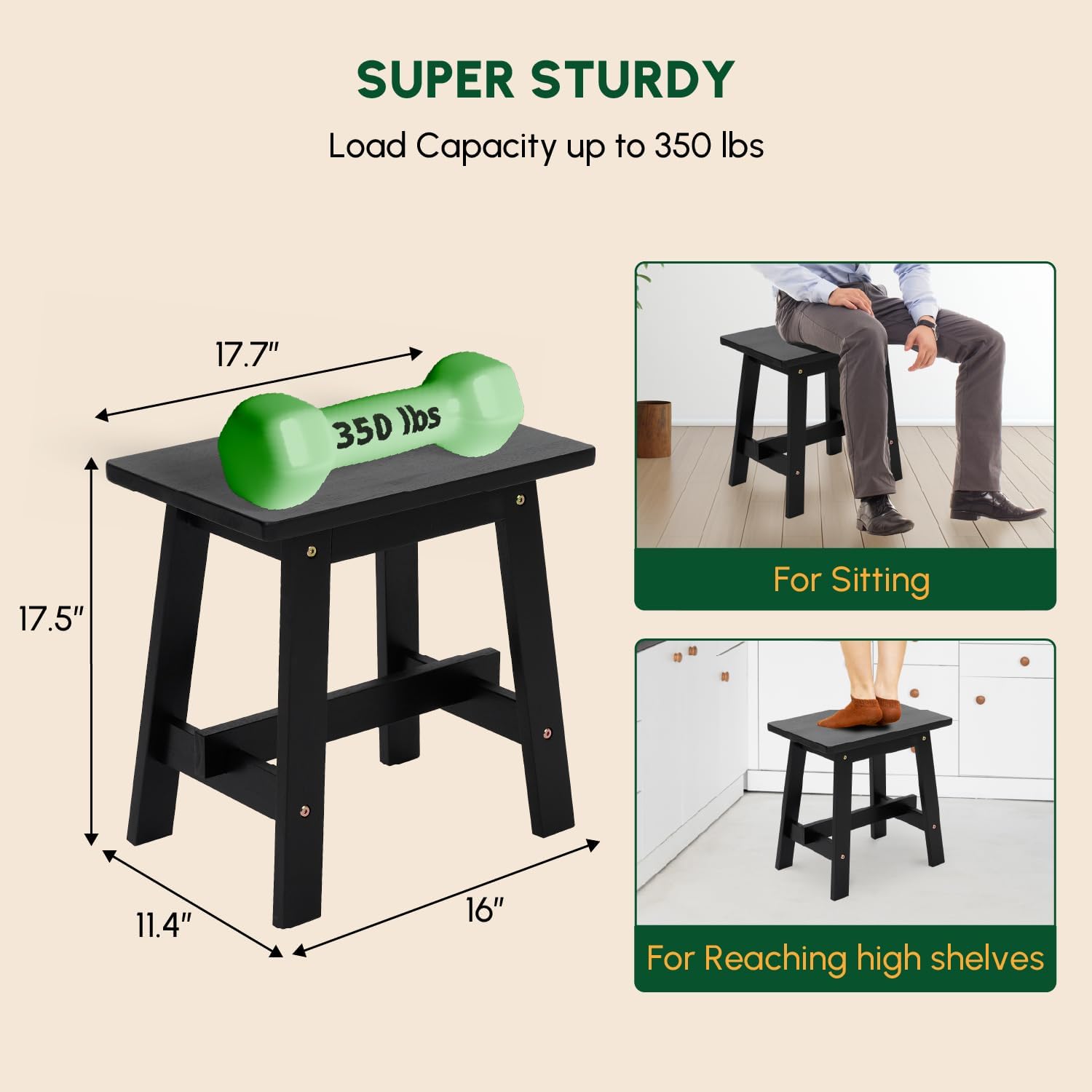 BEEFURNI Rectangular Acacia Wood Stool, Small Bench Seat, 18 Inch Stool, Wood Bathroom Vanity Bench, Plant Stand Indoor, 350 LBS Load Capacity, 1-Year Manufacturer Warranty (Black)