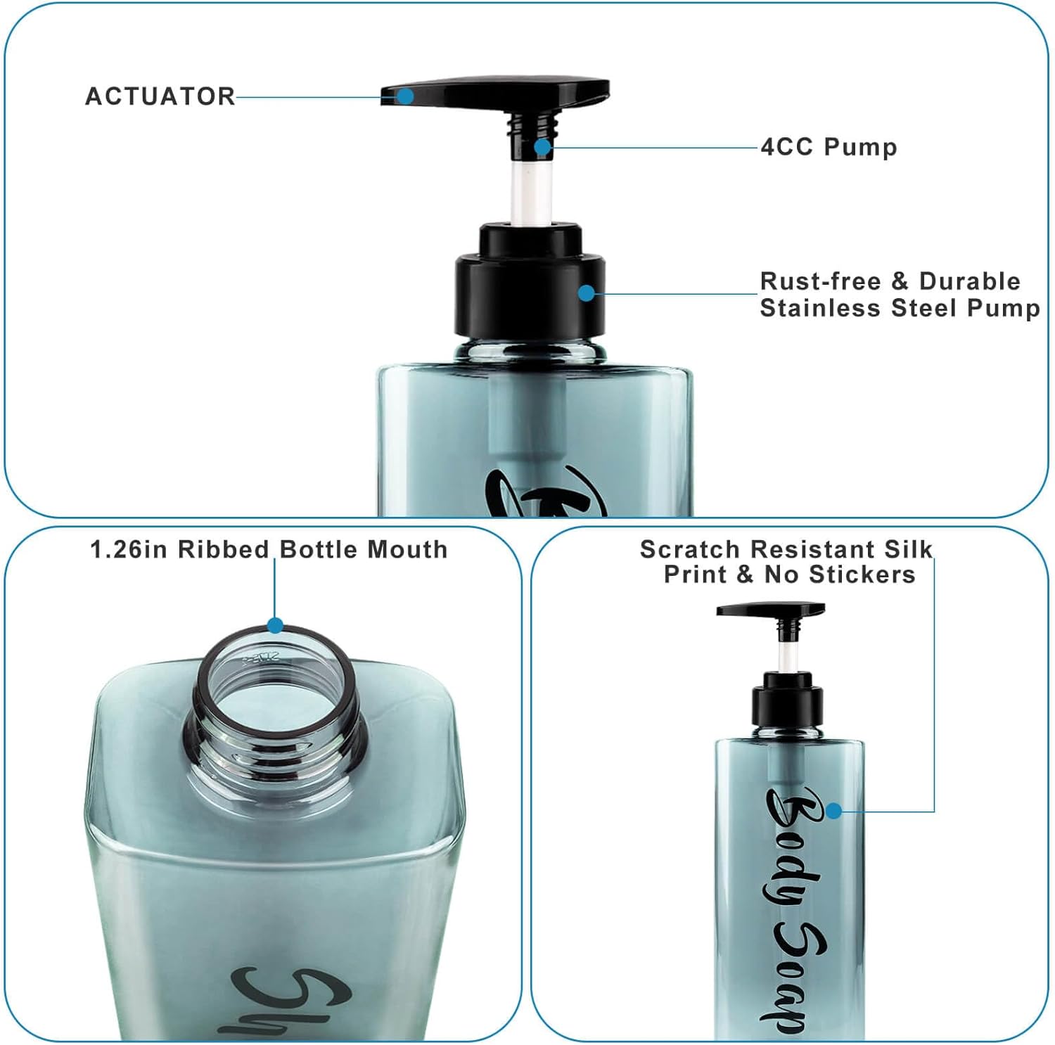 16.9oz Shampoo Dispenser for Shower (3 Pack) - Refillable Shampoo and Conditioner Bottles with Pump, Empty Clear Blue Plastic Body Wash Container Set, Printed Shower Soap Dispensers for Bathroom - Image 5