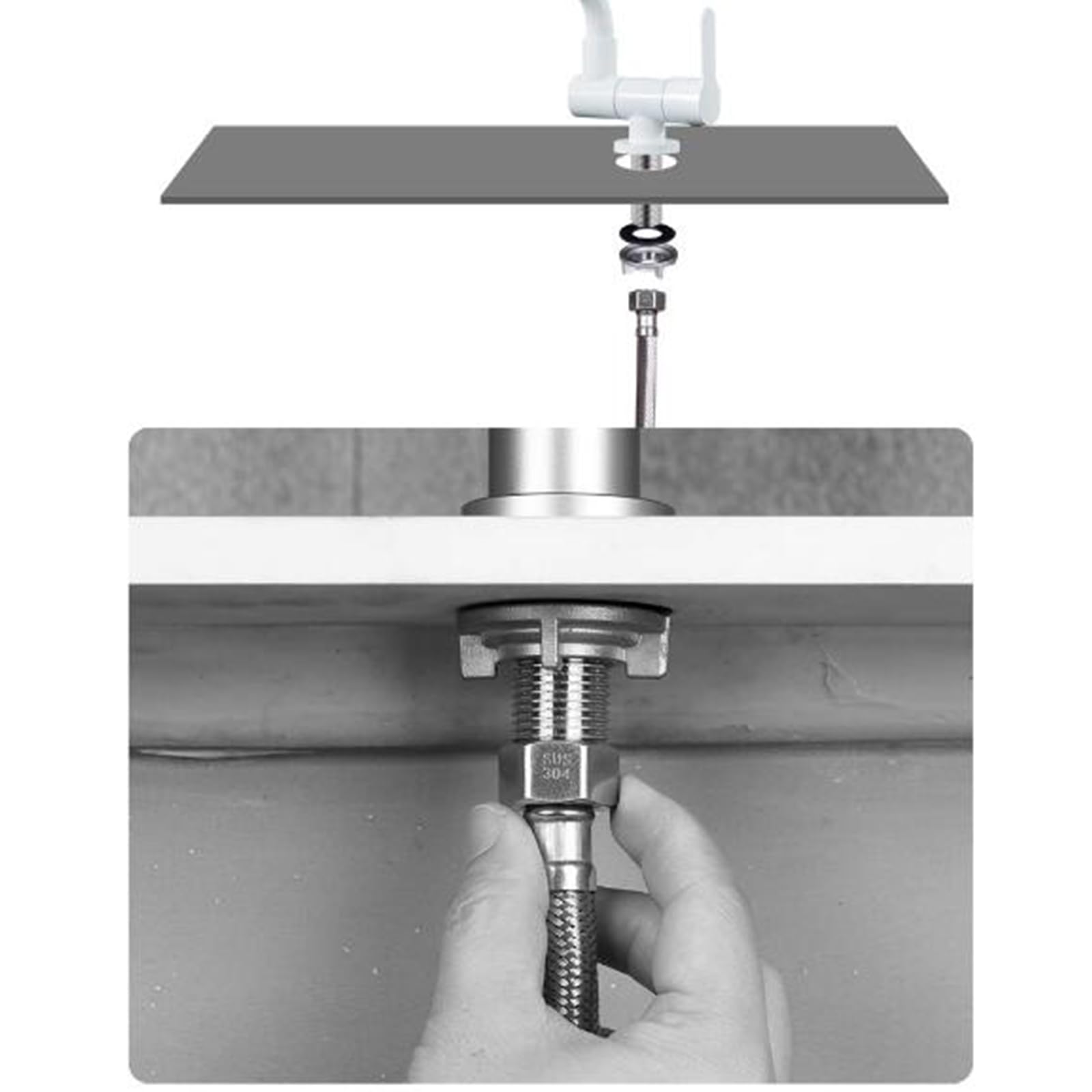 Grifo Cocina Blanco Abatible Grifo de Cocina para Ventana Agua Fria Giratorio de 360° Grifo Fregadero Cocina Acero Inoxidable-Blanco