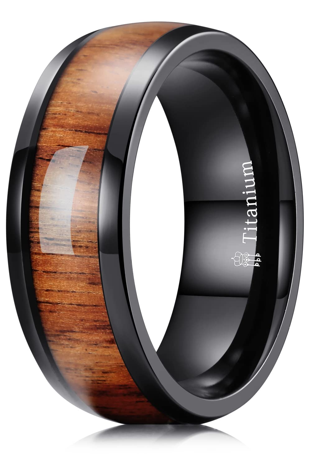 THREE KEYS JEWELRY8mm Basic Black Titanium Wood Wedding Band Engagement Ring for men women Dome Polished Comfort Fit size 9.5