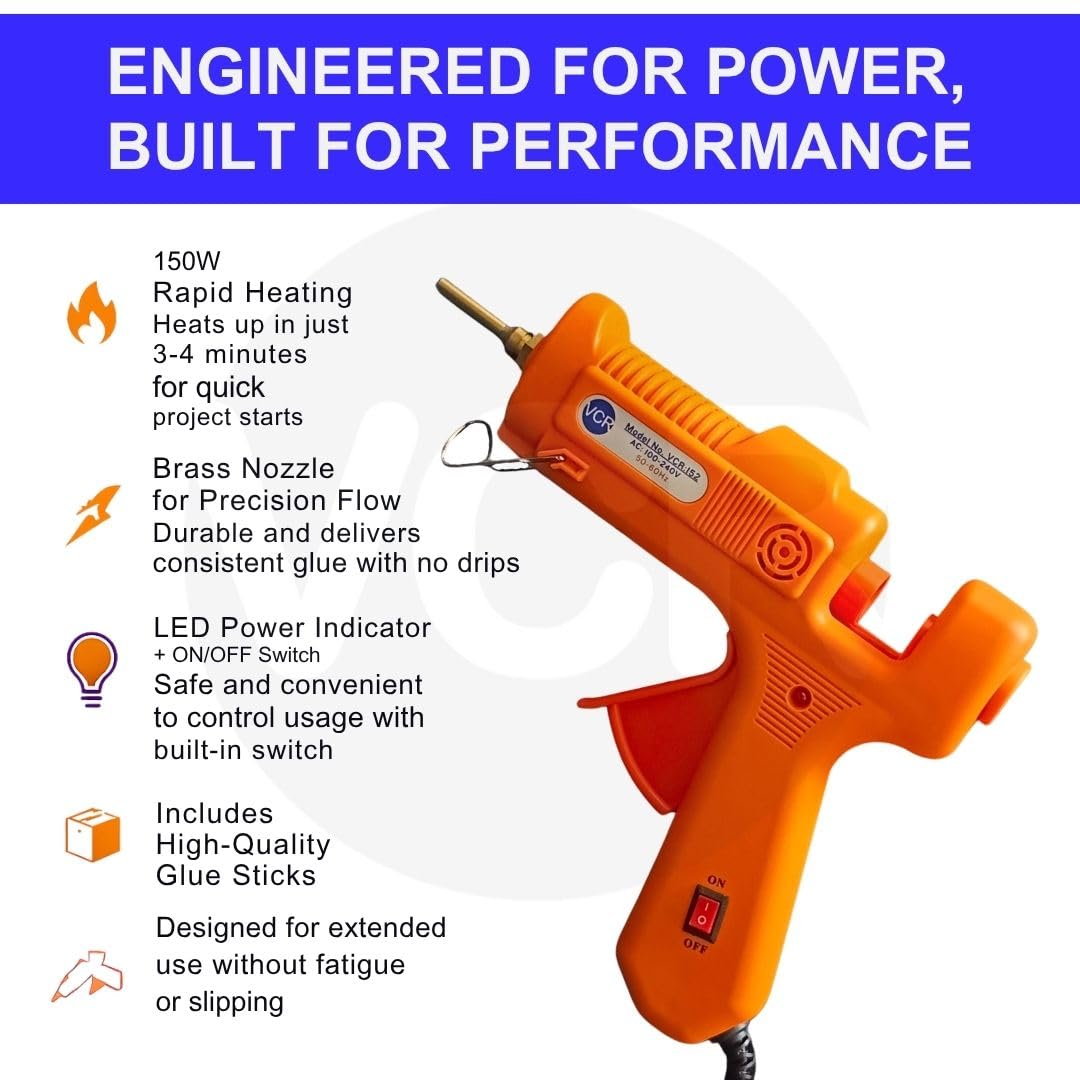 VCR 150W Professional Hot Melt Glue Gun Long Nozzle - Triple Power Rapid Heating Gun with ON/Off Switch for Precise Glue Output - Easy To Use Glue Gun + 5 Transparent - 11mm Glue Sticks - VCR 152 - Image 4 thumbnail