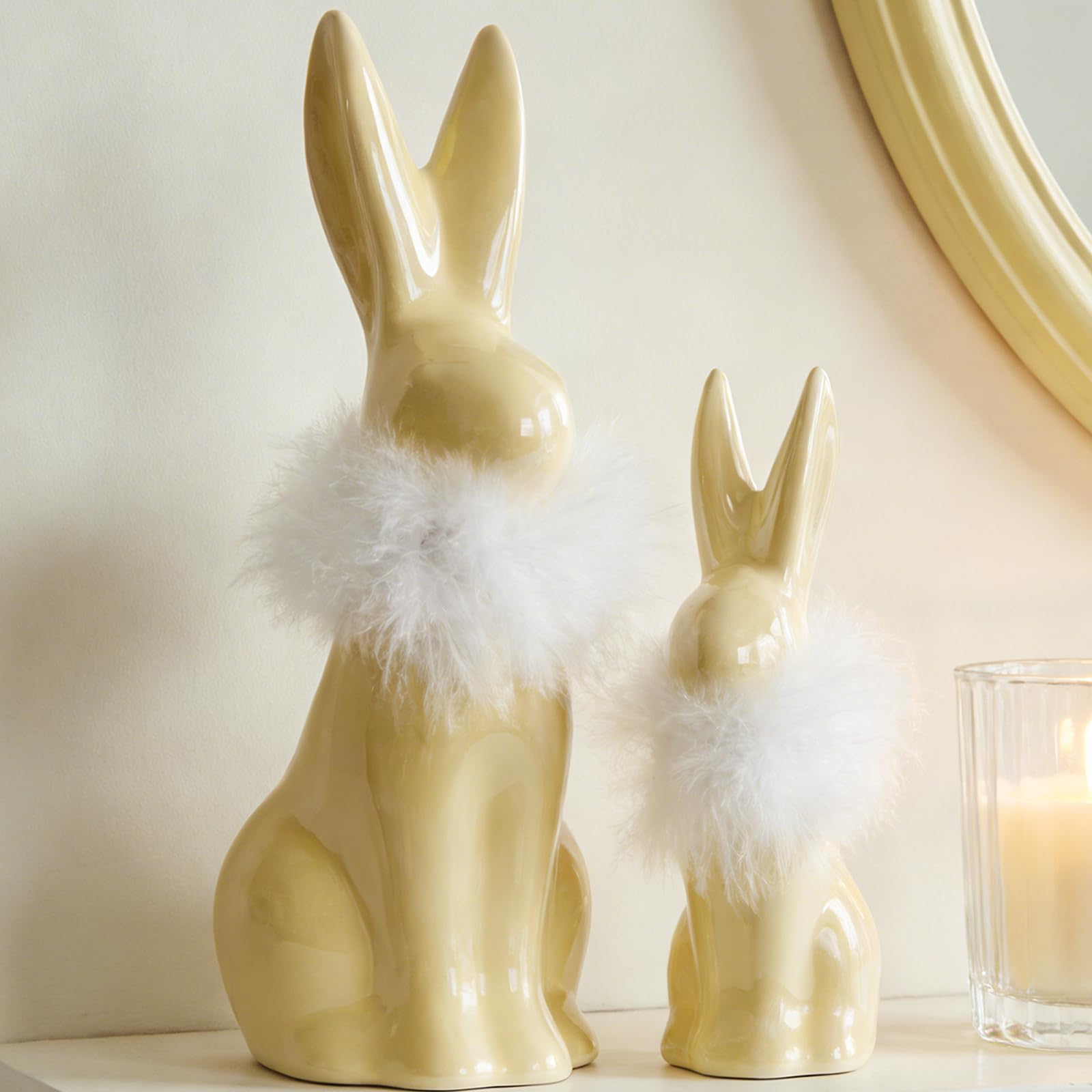 Photo 1 of ** missing small rabbit**RM ROOMERS 2PCS Easter Bunny Figurine Decoration, Yellow Ceramic Rabbit Statues with White Fluff on Neck, Porcelain Bunnies Spring Gifts for Indoor Tabletop Home Aesthetic Decor Farmhouse Wedding