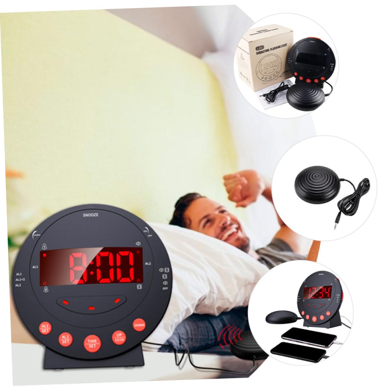 Toyvian Vibrationswecker Schwarzem Kunststoff Großen Digitalen Zahlen Starker mit Einstellbarer Helligkeit aus mit USB Kabel und für Tiefschläfer und Hörgeschädigte