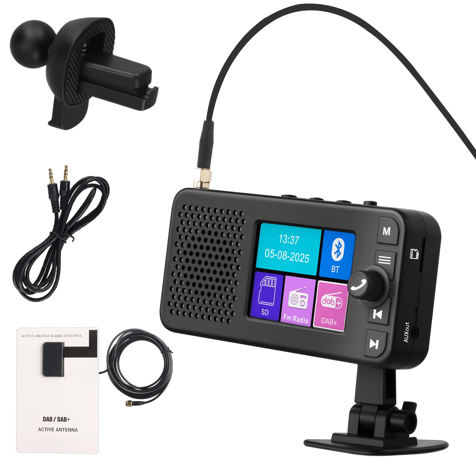 Image showing the LORPHEIR DAB Car Adapter with a smartphone connected via Bluetooth 5.0, illustrating hands-free calling and music streaming capabilities.