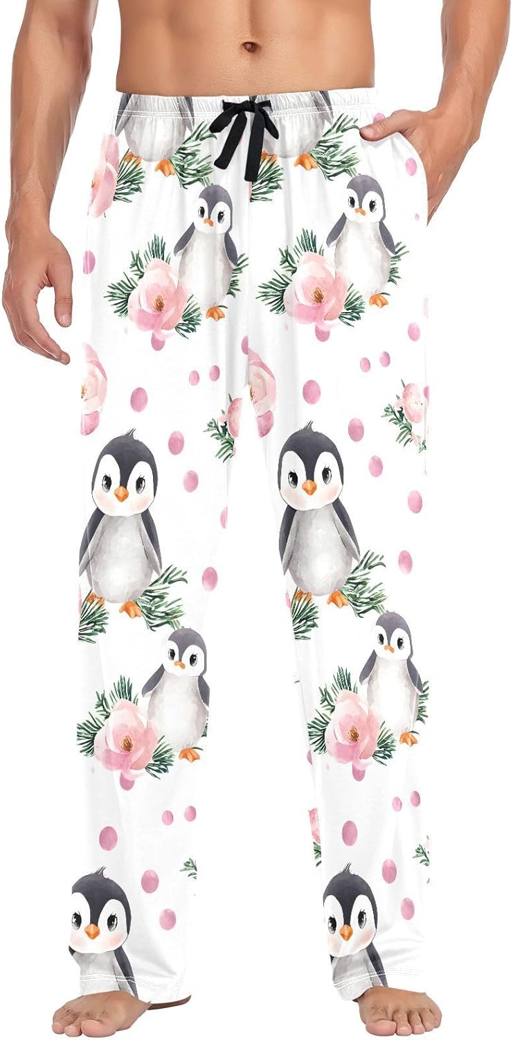 ALAZA Watercolor Penguin Flower Men's Pajama Pants Men Cotton Pajama Bottoms with Pockets, S