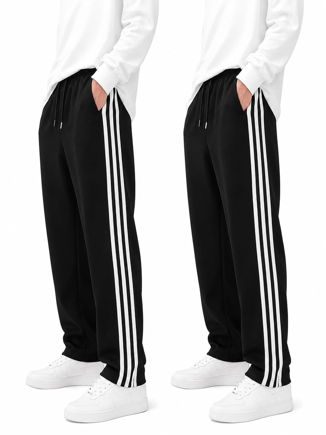 Men's NS Fabric Track Pants Pack of 2 | Loose Fit Lowers with Zip Pocket | 3 Side Stripe Design | Elastic Waist with Drawstring | Casual, Gym Black (XL-Size)-image-42