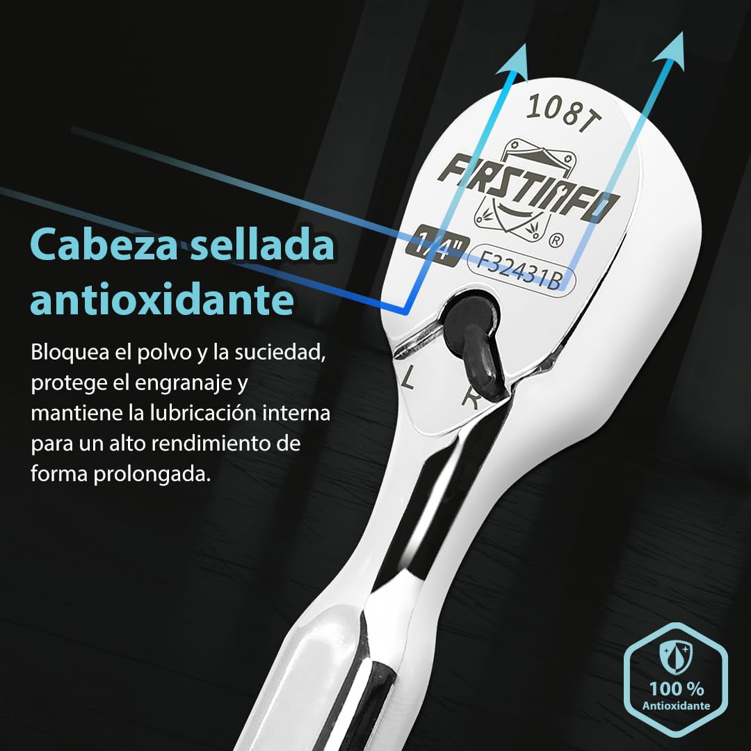 FIRSTINFO F32431B Llave de carraca 1/4″(6,35 mm) – cabeza sellada 108 dientes | mango reversible compacto | cabeza cerrada a prueba de polvo en forma de lágrima
