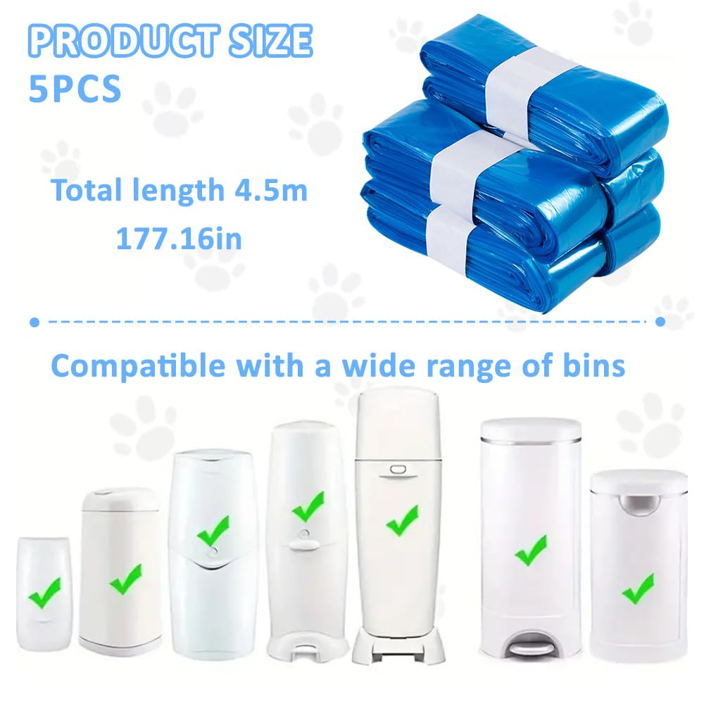 5 Piezas Bolsa de Repuesto de Arena para Gatos, 4.5m Recambios Contenedor de Pañales, Bolsas de Repuesto Litter Genie Compatibles Litter Locker para Mascotas, Cubos de Pañales