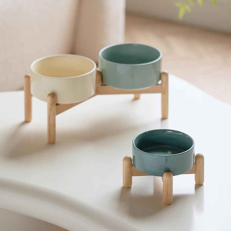 ZIGE キャットボウル ペットセラミックボウル犬猫用竹スタンド