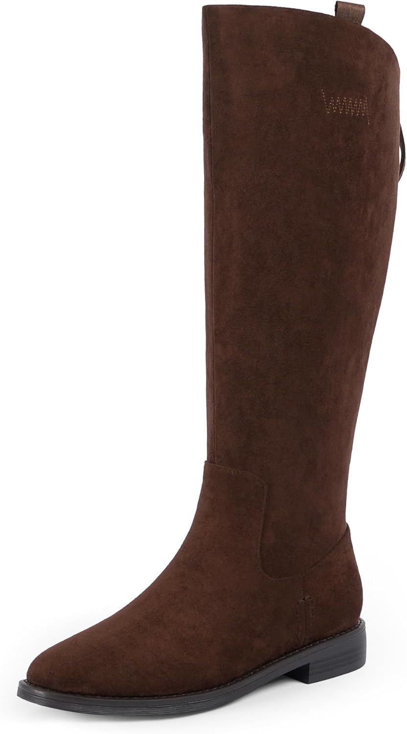 Modatope Knee High Boots Women Rounded Toe Flat Retro Bais Opening Low Chunky Heel Riding Boots