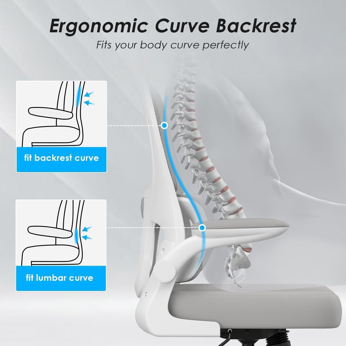 Soohow Office Chair, Mesh Ergonomic Office Chair with Lumbar Support, Comfy Computer Desk Chair with Flip Armrest Rolling Wheels for Home Study Room Office, White & Gray