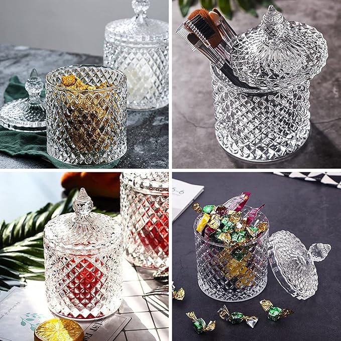 Image of bellemax Box Pattern Crystal Candy Jar with Lid | Decorative Glass Storage Container for Candy, Chocolates, Cookies, Dry Fruits & Snacks | Elegant Crystal Cut Design for Home Kitchen (Pack of 1)