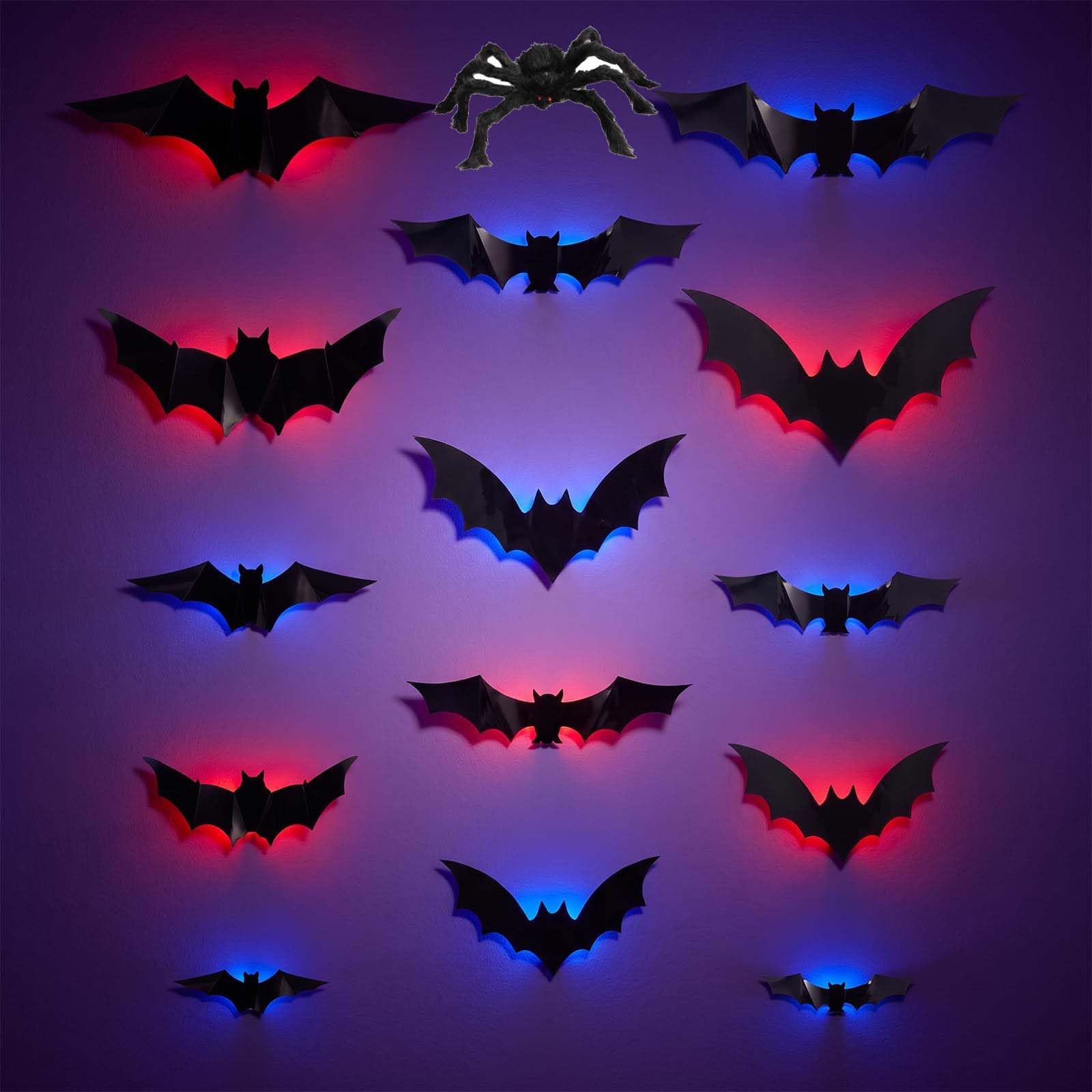 Halloween LED Bats, 3D Light Up Wall Decorations Indoor, 5 Sizes (12PC)