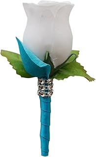 Boutonniere - White Rose with Turquoise / Malibu Petal and Ribbon