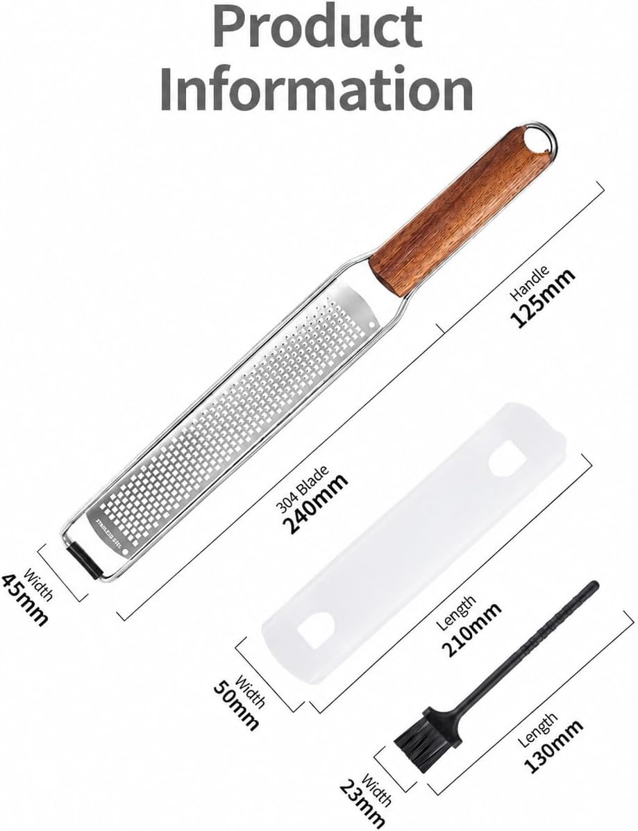 Stainless Steel Lemon Zester & Cheese Grater with Wooden Handle, for Parmesan, Ginger, Garlic, Chocolate & Citrus